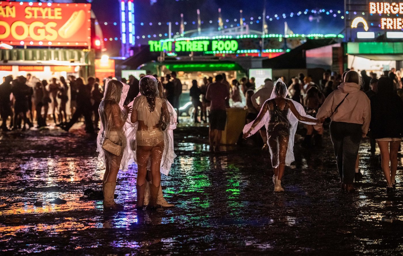 Drone footage shows tents left behind at Reading festival after heavy rain
