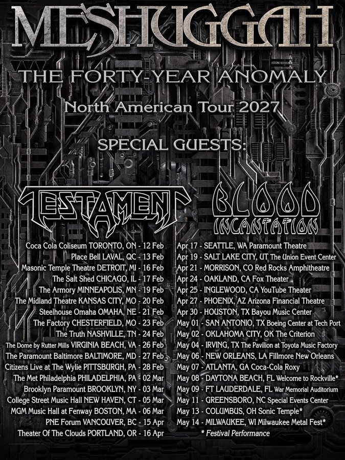 Meshuggah announce 2027 North American 40th anniversary tour with Testament and Blood Incantation